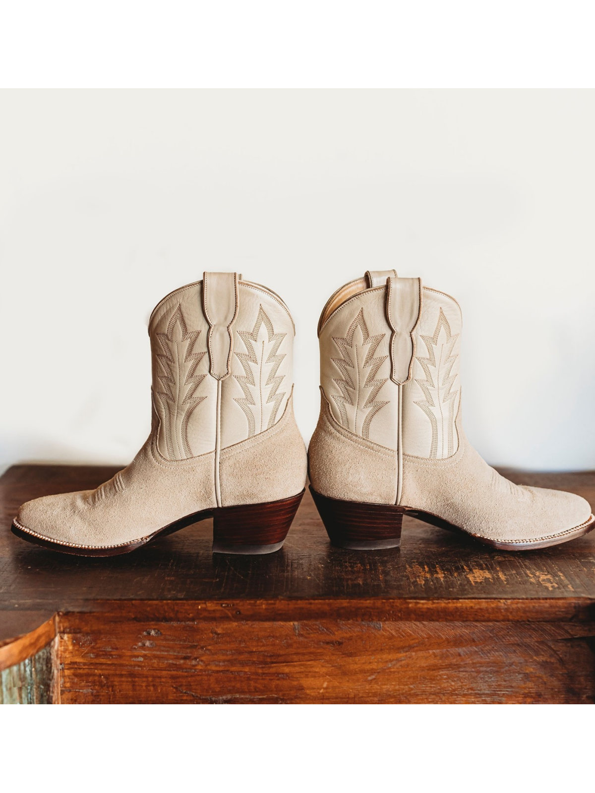 Contrast Tan Faux Suede And Ivory Almond-Toe Embroidery Wide Mid Calf Western Boots