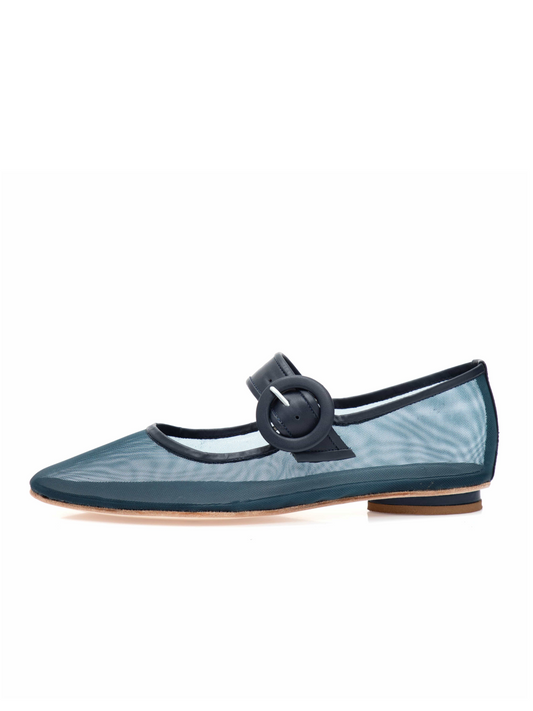 Duck Blue Mesh Elongated Ballet Flats Mary Janes With Oversized Buckle