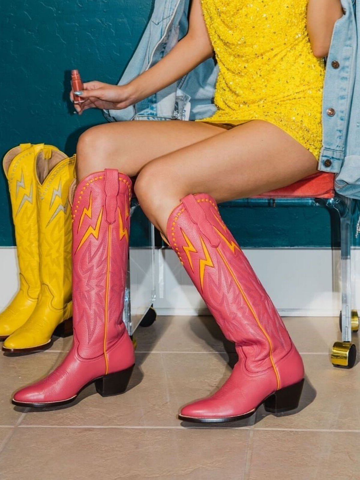 Yellow Lightning Inlay Stitch Embroidery Almond-Toe Wide Mid Calf Tall Cowgirl Boots - Fuchsia