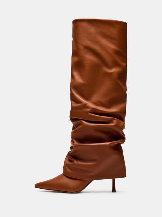Tan Pointed-Toe Fold-Over Wide Mid Calf Stiletto Boots