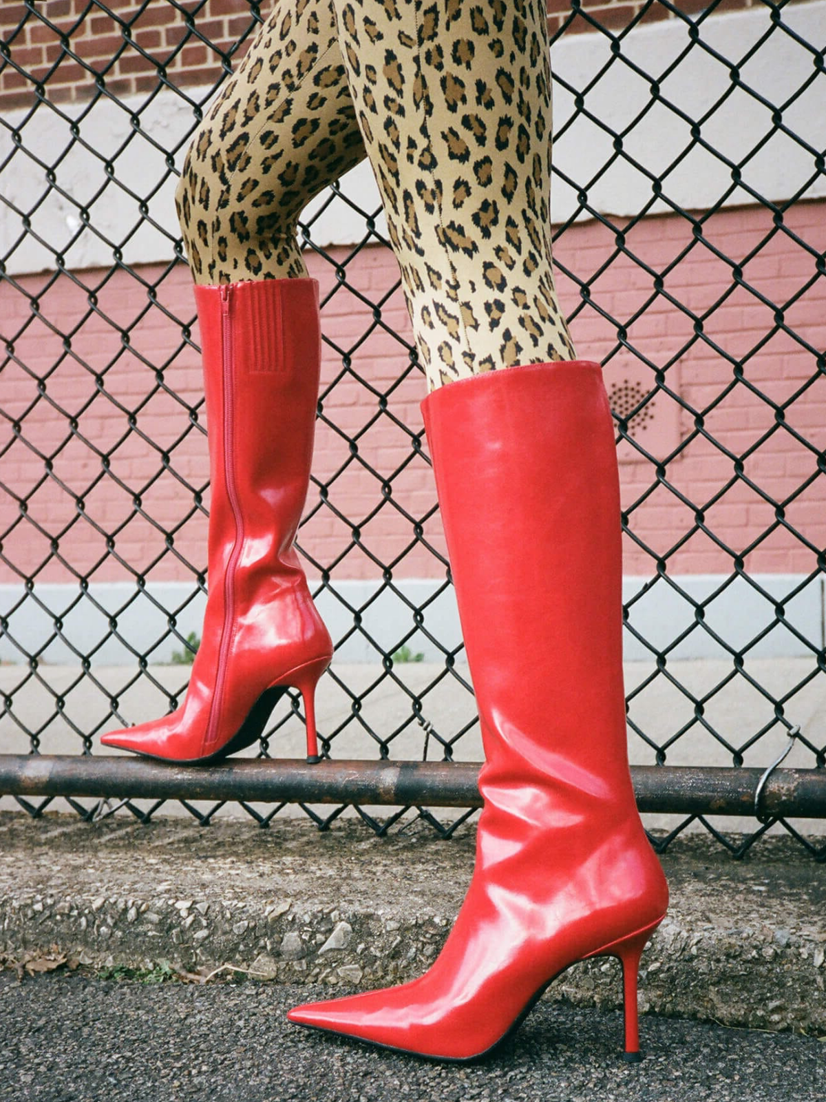 Red Full-Zip Pointed-Toe Mid Calf Stiletto Boots