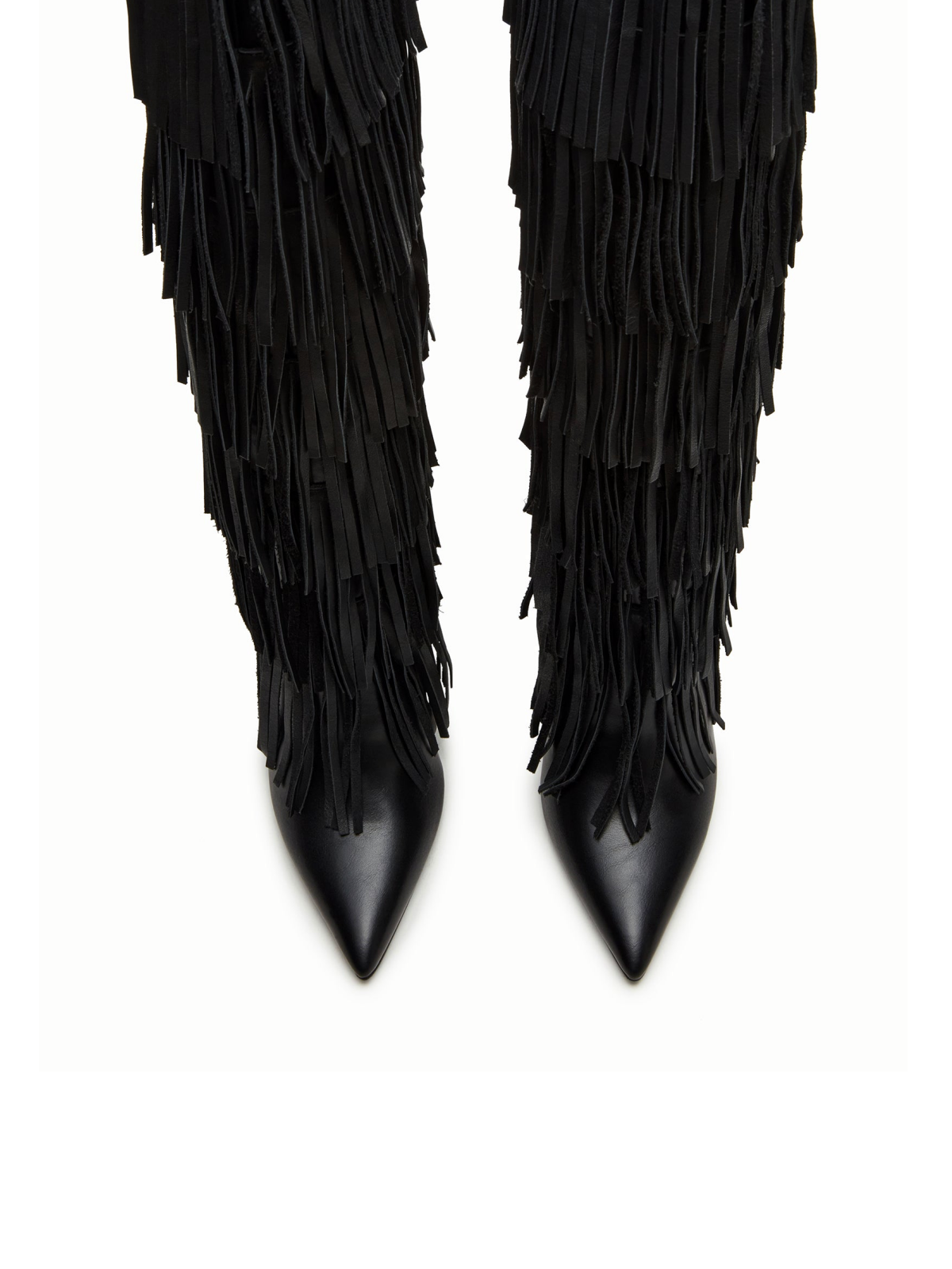 Black Pointed-Toe Fringe Wide Calf Tall Knee High Stiletto Boots