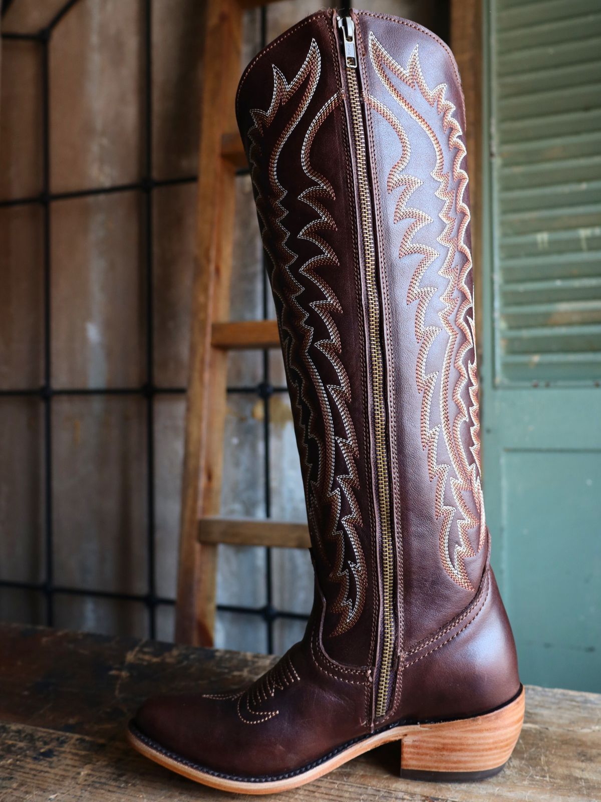 Full-Zip Almond-Toe Classic Embroidery Tall Knee High Cowgirl Boots - Chocolate