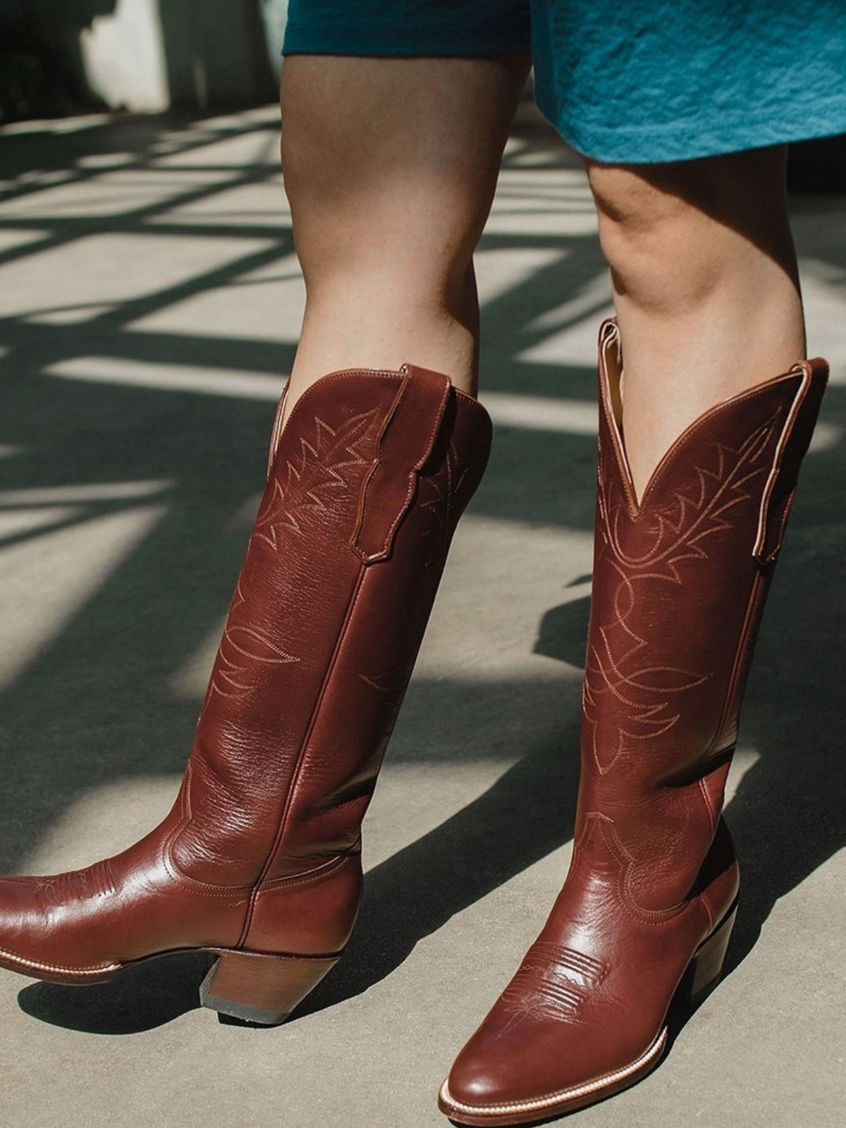 Brown Vegan Leather Embroidery Almond-Toe Wide Mid Calf Tall Cowgirl Boots