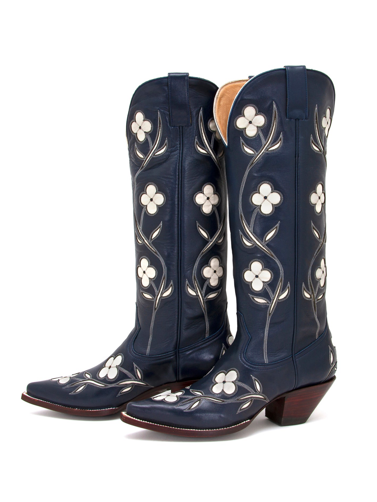 Dark Blue Pointed-Toe White Floral Inlay Wide Mid Calf Tall Cowgirl Boots