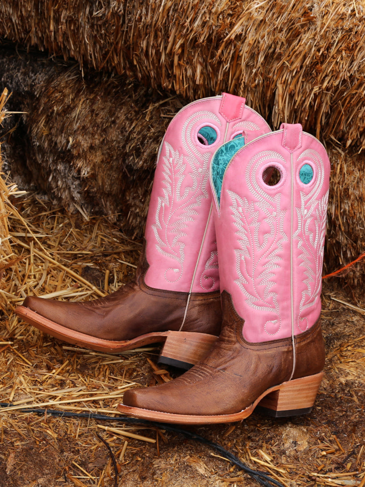 Cut-Out Square-Toe Embroidery Wide Mid Calf Cowgirl Boots - Contrast Brown And Pink