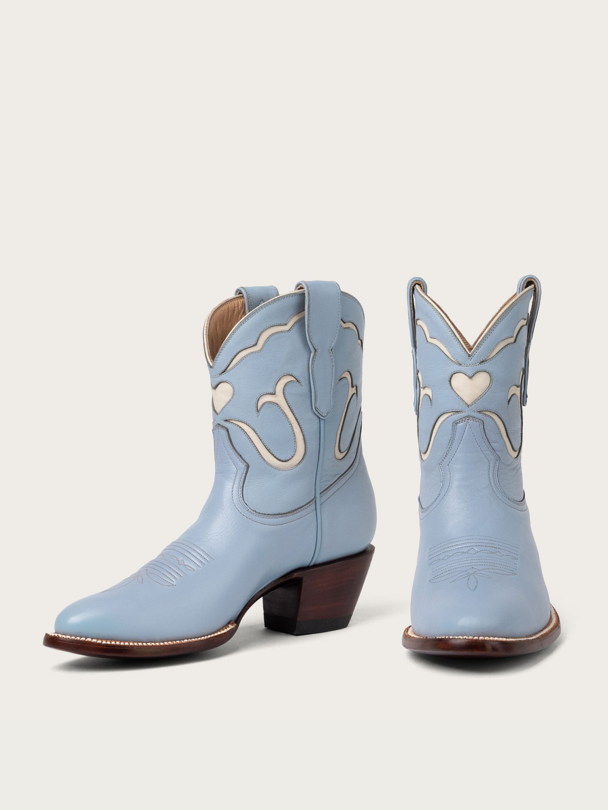 White Heart Inlay Almond-Toe Wide Mid Calf Cowgirl Boots - Powder Blue