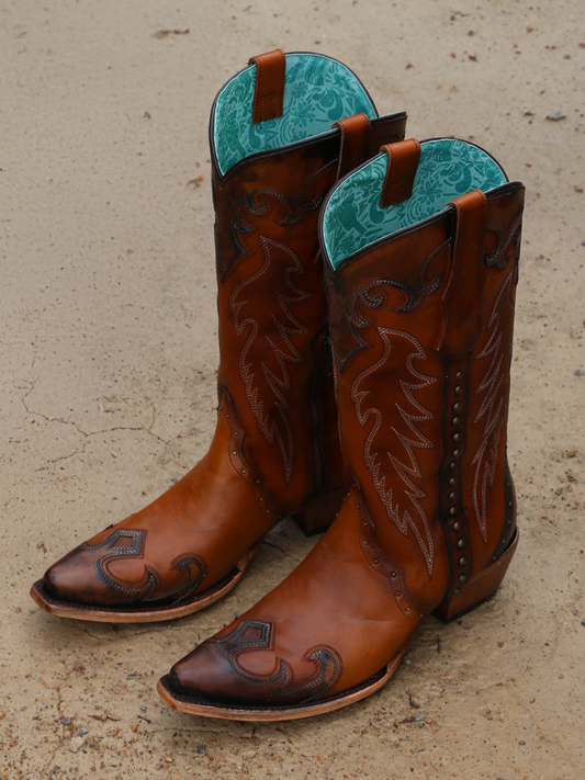 Brown Snip-Toe Half-Zip Studded Embroidery Applique Mid Calf Cowgirl Boots