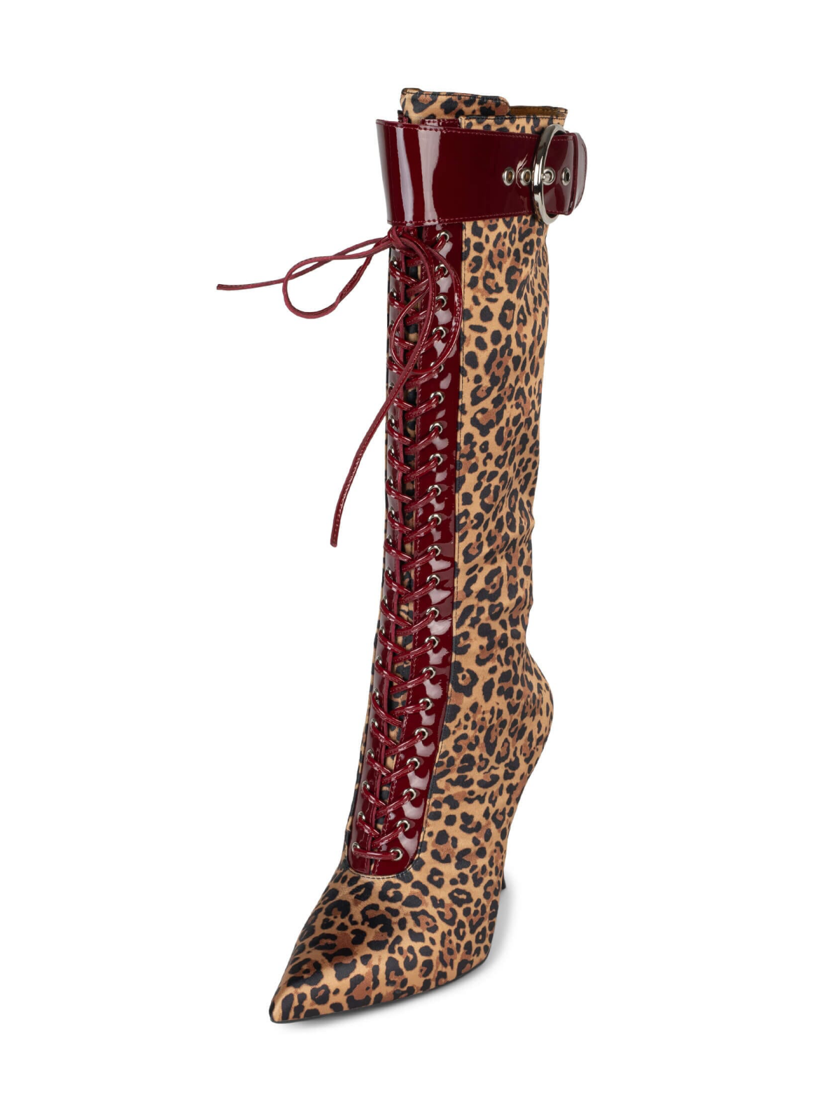 Leopard Fabric Pointed-Toe Patent Lace-Up Full-Zip Mid Calf Stiletto Boots