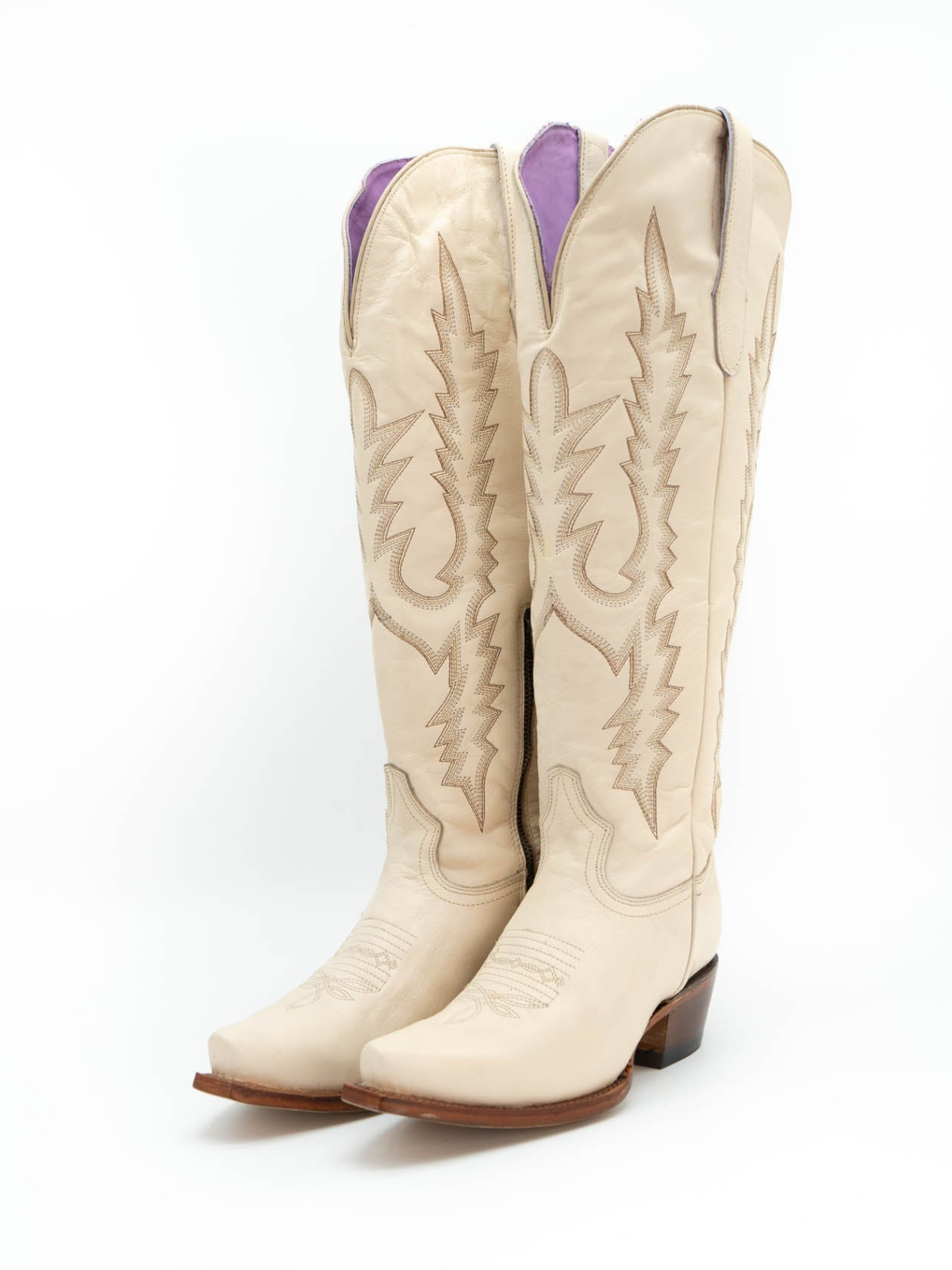 Ivory Embroidery Snip-Toe Half-Zip Cowgirl Knee High Tall Boots