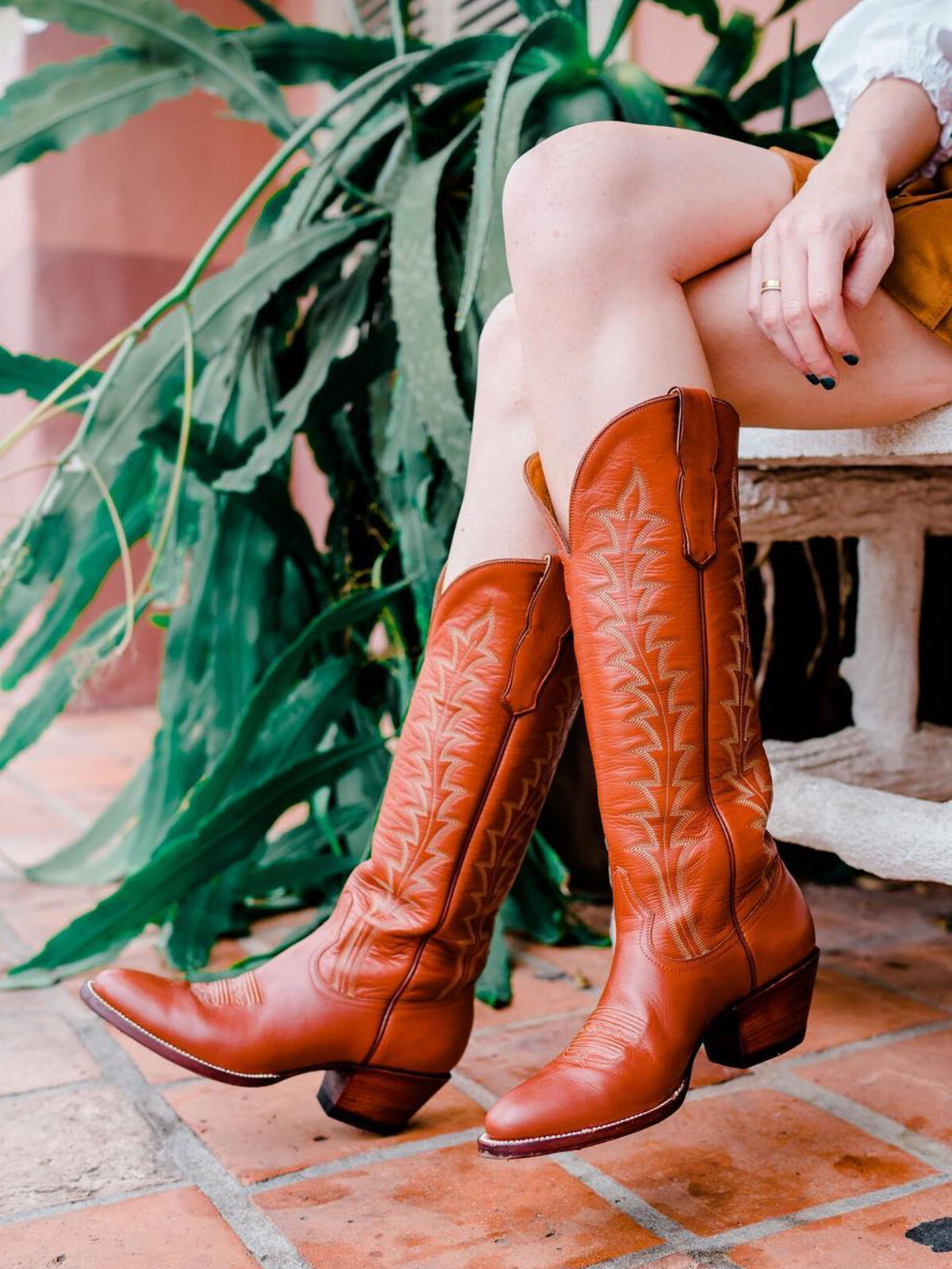 Cinnamon Brown Vegan Leather Embroidery Almond-Toe Wide Mid Calf Tall Cowgirl Boots