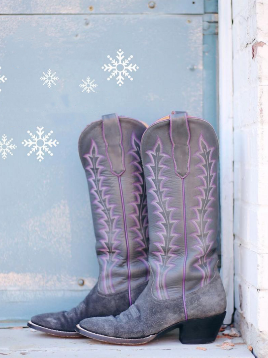 Contrast Purple And Gray Faux Suede Embroidery Almond-Toe Wide Mid Calf Tall Cowgirl Boots