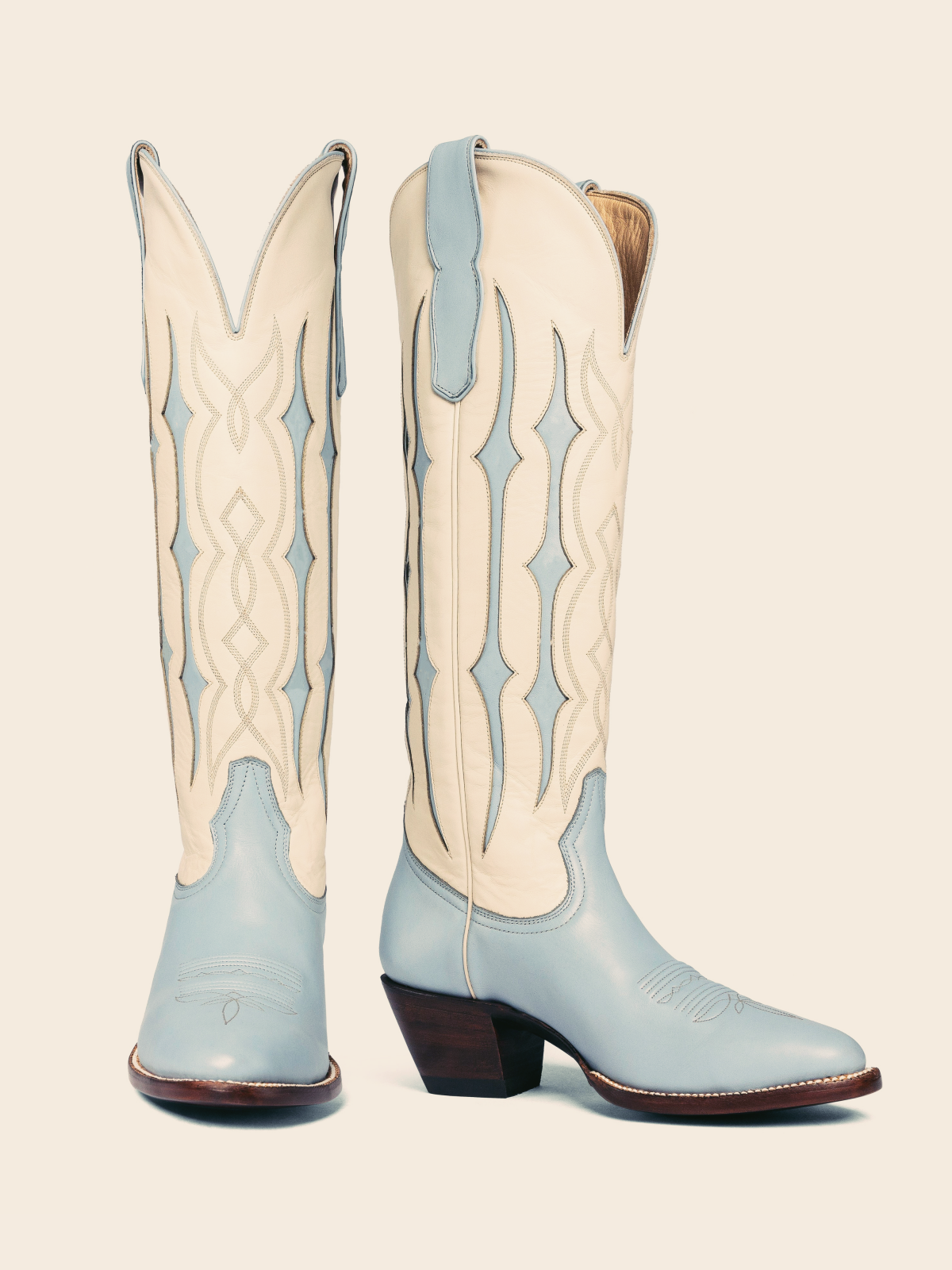 Baby Blue Contrast Inlay Stitch Almond-Toe Wide Mid Calf Western Cowgirl Boots