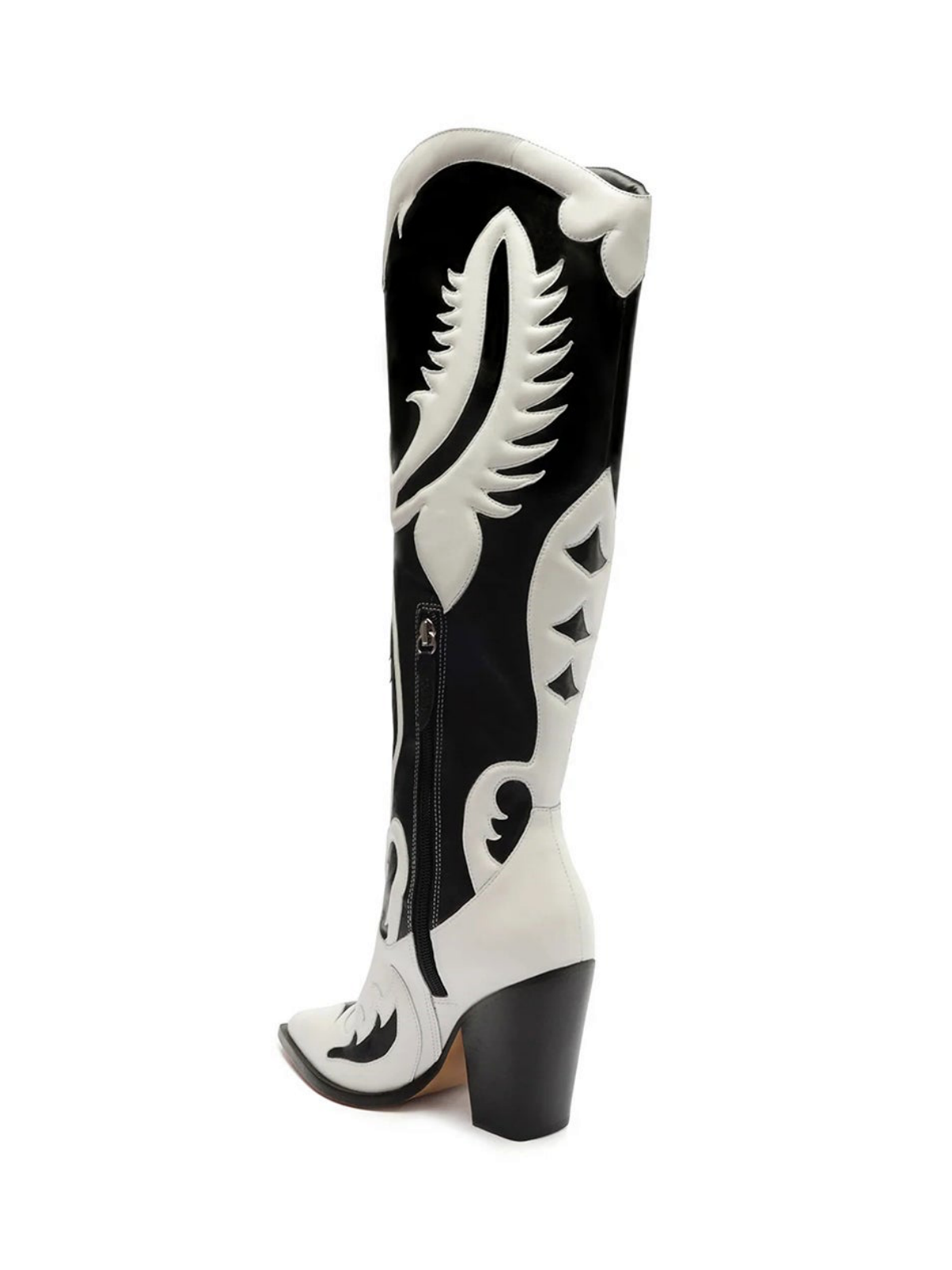 Contrast Black And White Pointed-Toe Padded Applique Half-Zip Mid Calf Cowgirl Boots