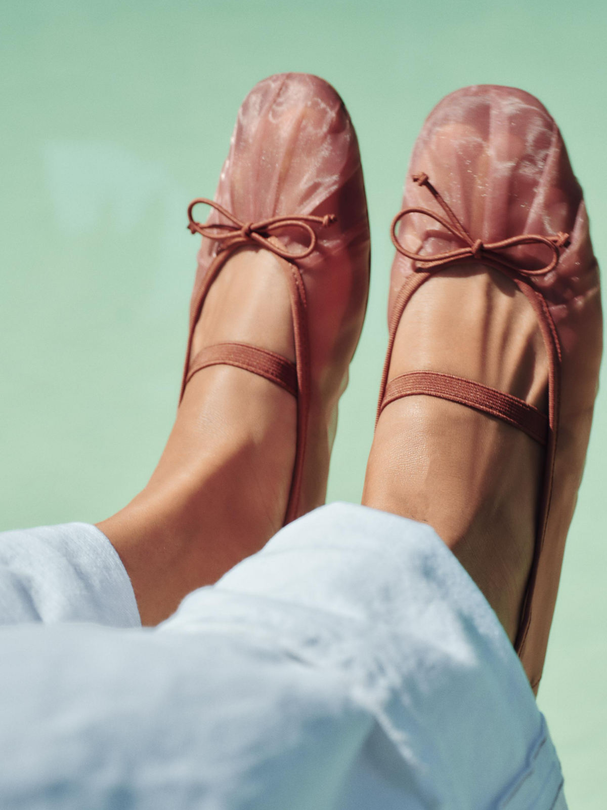 Salmon Pink Mesh Round-Toe Elastic Strap Bow Ballet Flats