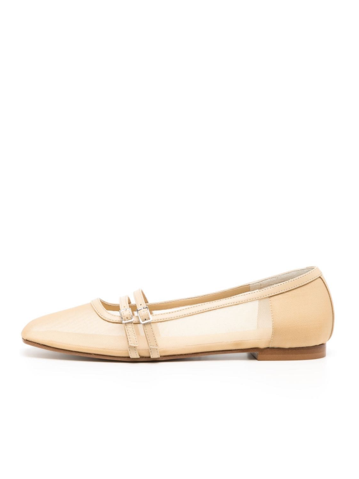 Nude Square Toe Semi-Transparent Mesh Ballet Flats With Double Buckled Strap