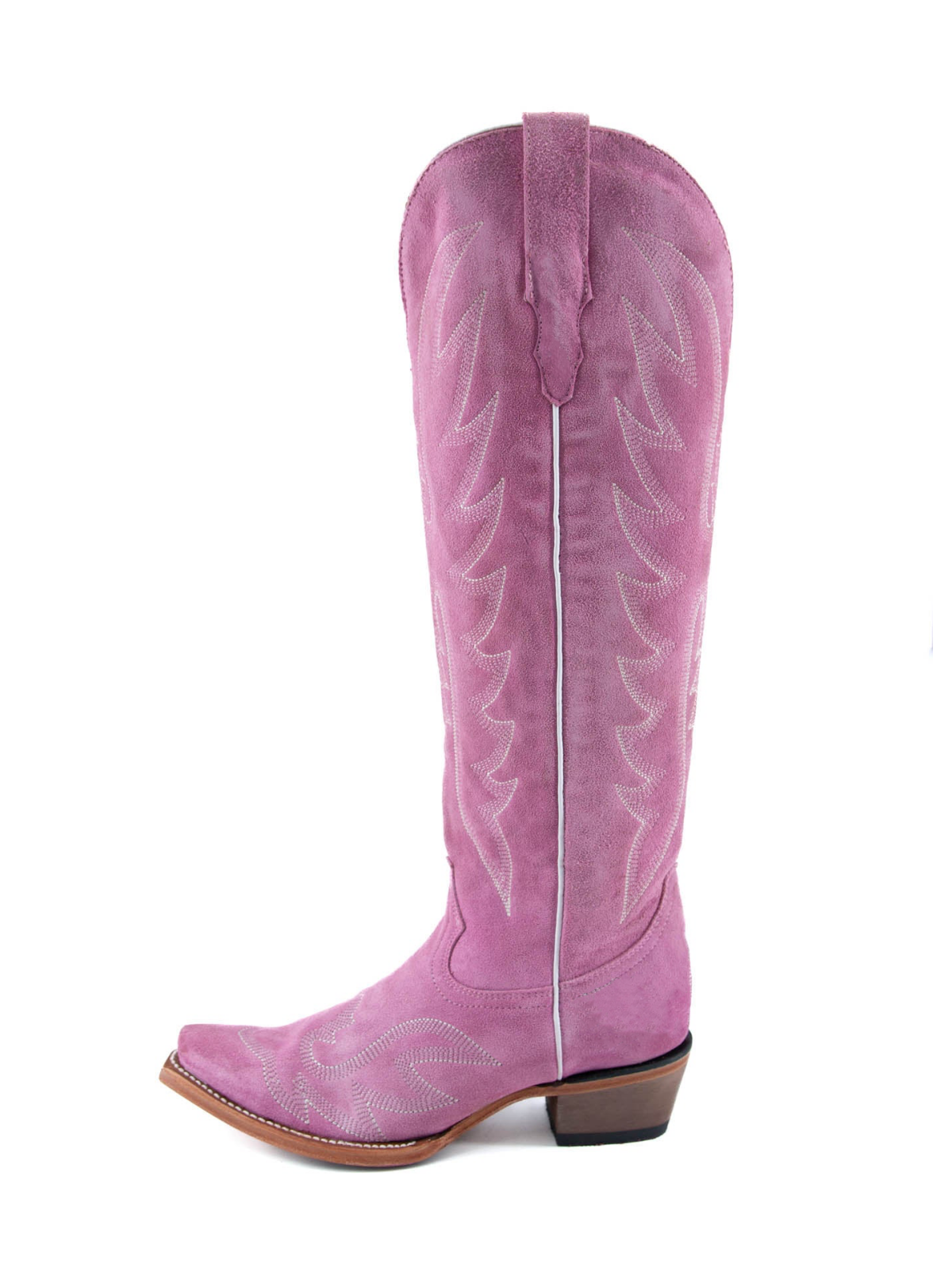 Pink Faux Suede Embroidery Snip-Toe Half-Zip Cowgirl Knee High Tall Boots