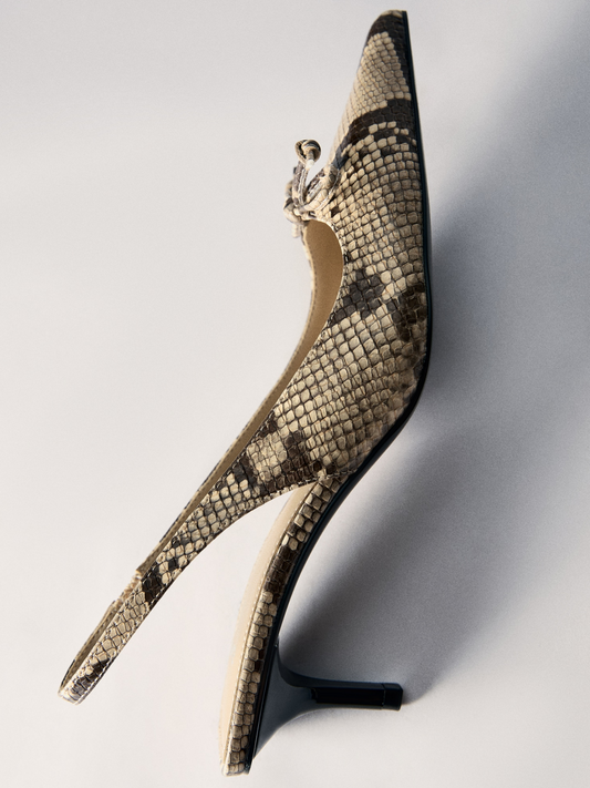 Beige Snakeskin Pointed-Toe Slingback Kitten Heels With Bow