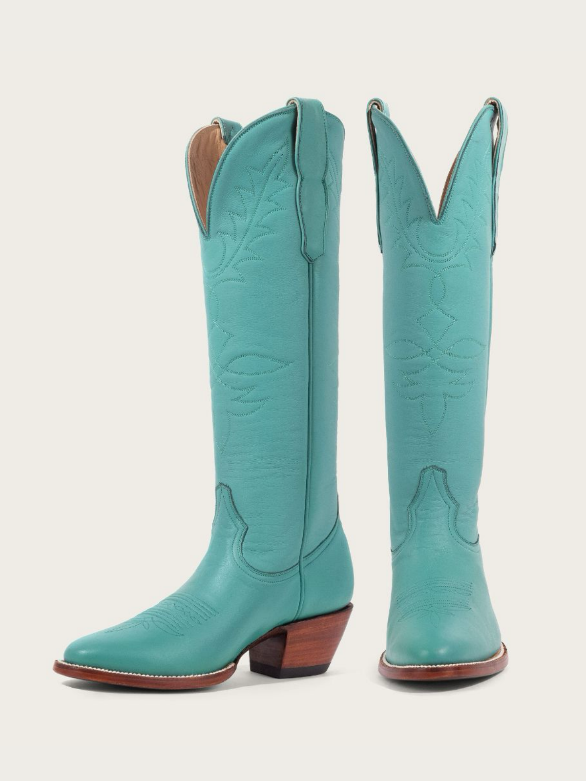 Turquoise Vegan Leather Embroidery Almond-Toe Wide Mid Calf Tall Cowgirl Boots