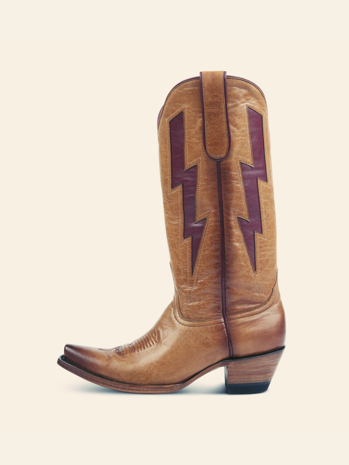 Tan Stitch Snip-Toe Wide Calf Tall Cowgirl Boots With Burgundy Lightning Inlay