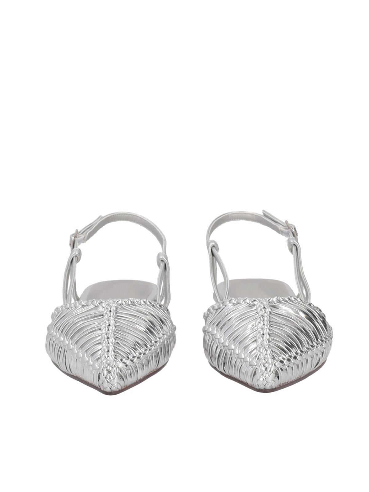 Metallic Silver Woven Pointy Slingback Ballerinas Flats With Buckled Strap