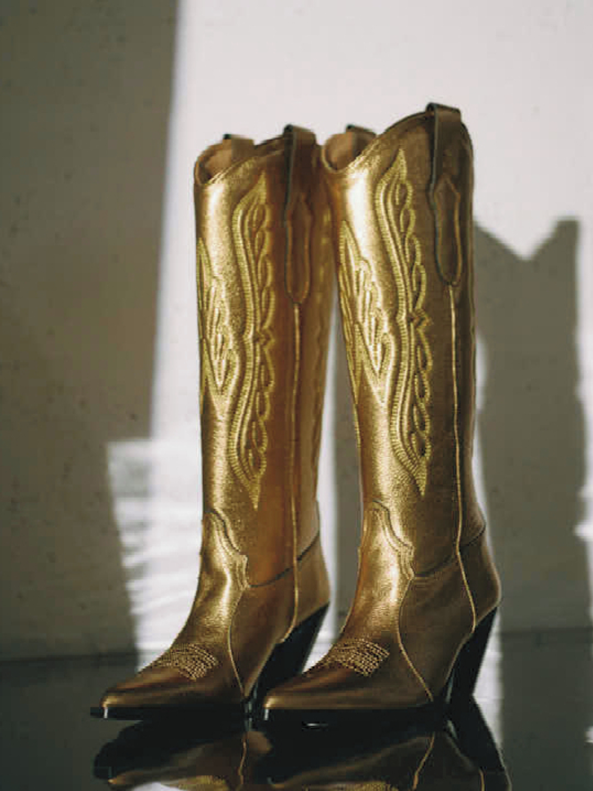 Metallic Wing Embroidery Pointed-Toe Wide Calf Tall Knee High Cowgirl Boots - Gold