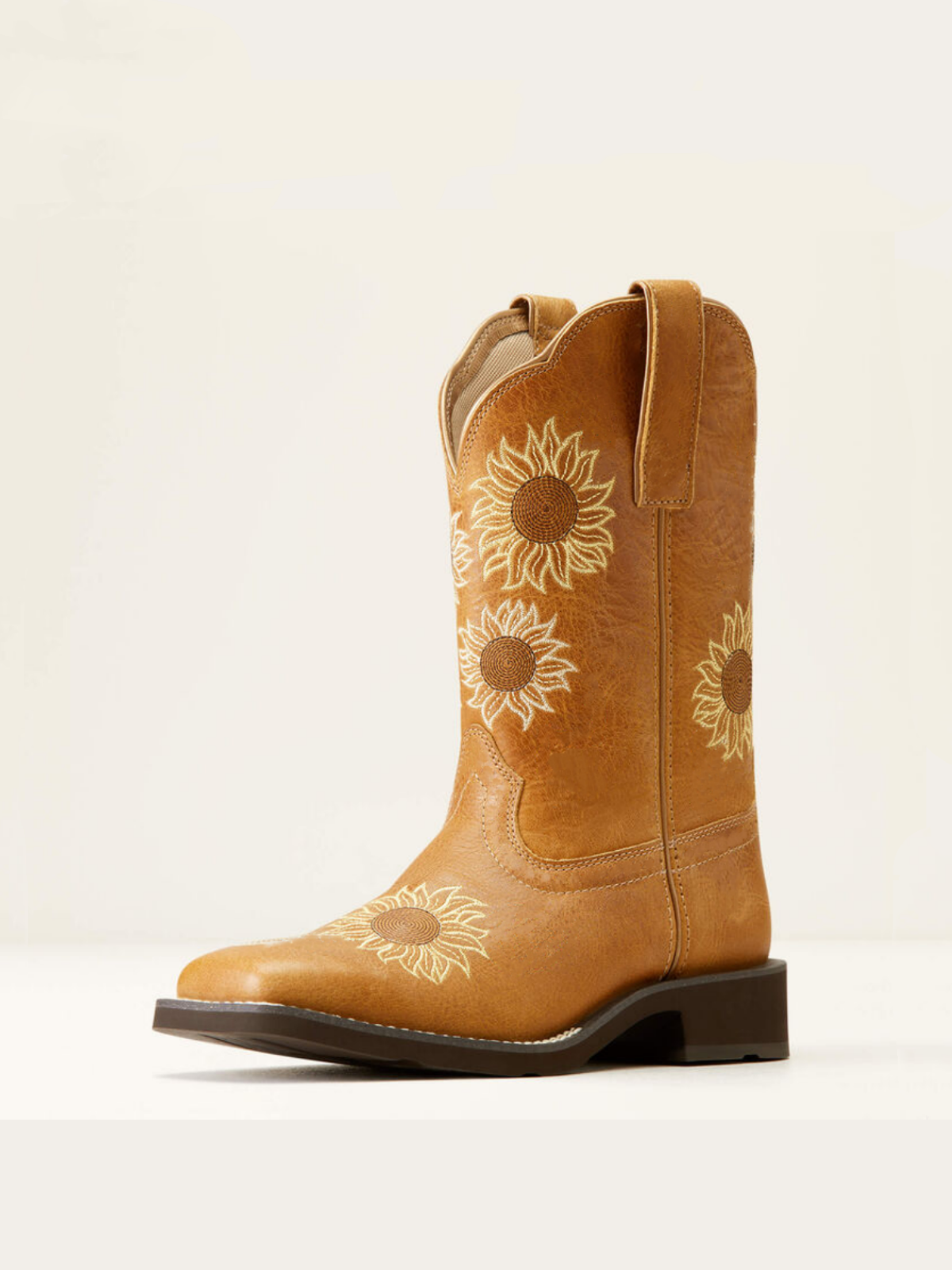 Tan Sunflower Embroidery Square-Toe Wide Mid Calf Cowgirl Boots