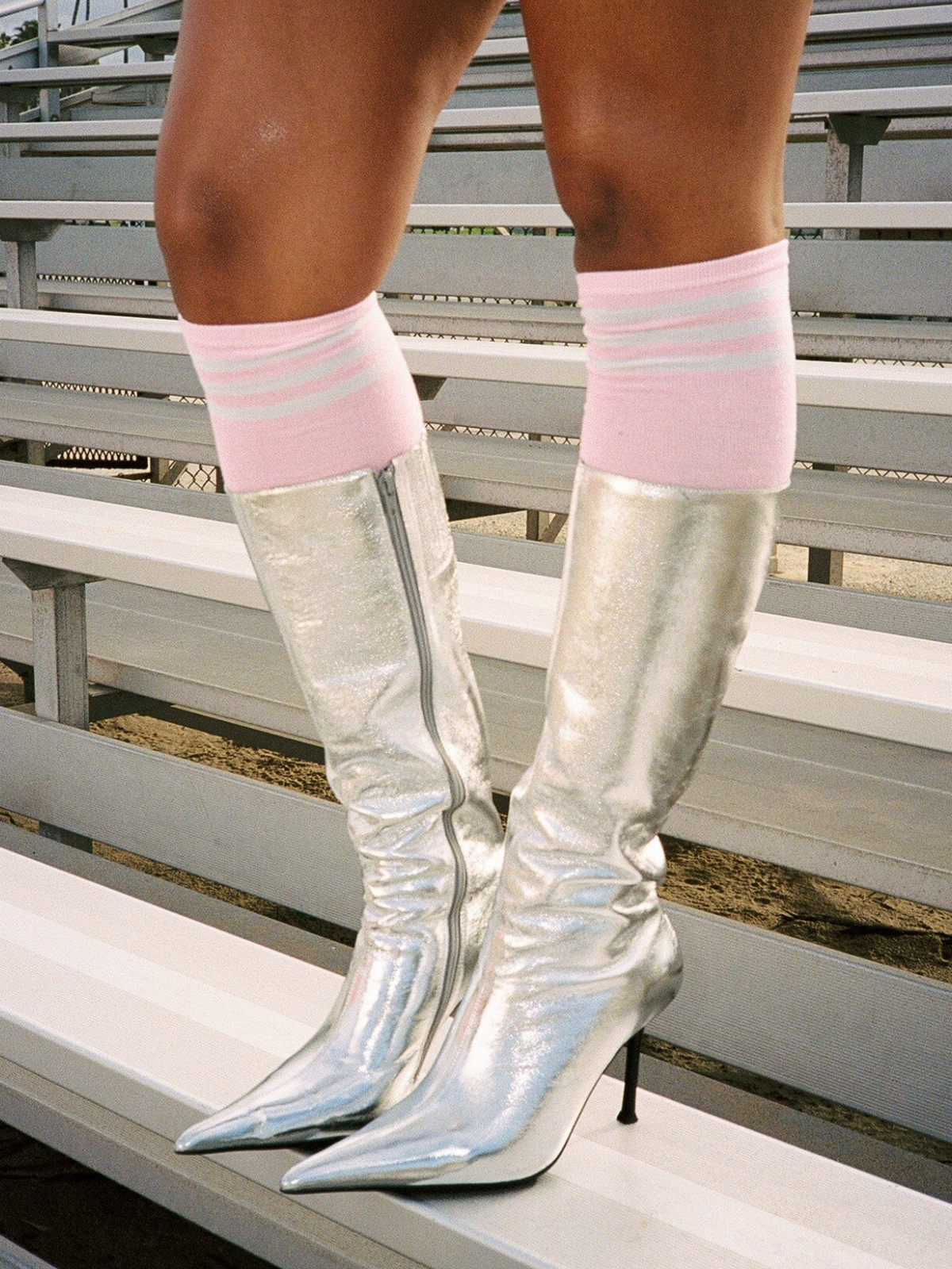 Metallic Silver Full-Zip Pointed-Toe Mid Calf Stiletto Boots