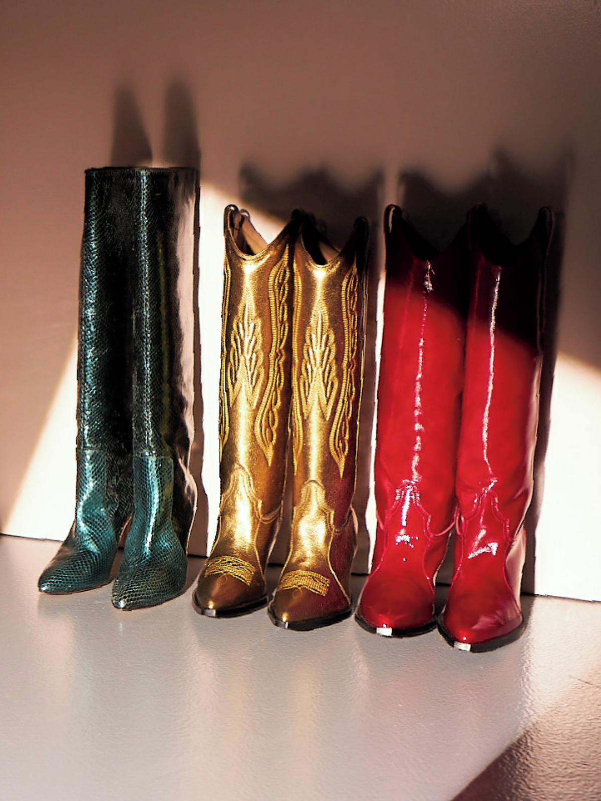 Metallic Wing Embroidery Pointed-Toe Wide Calf Tall Knee High Cowgirl Boots - Gold