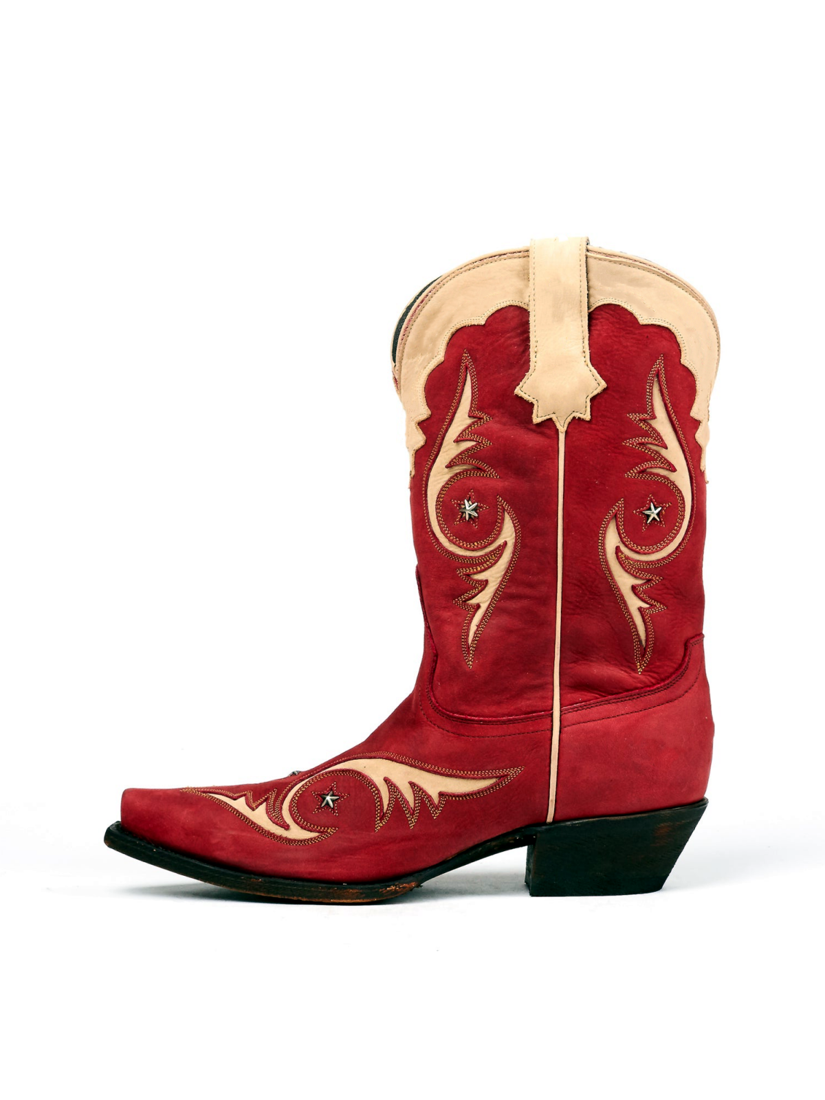 Red Snip-Toe Beige Inlay Metal Star Applique Wide Mid Calf Cowgirl Boots