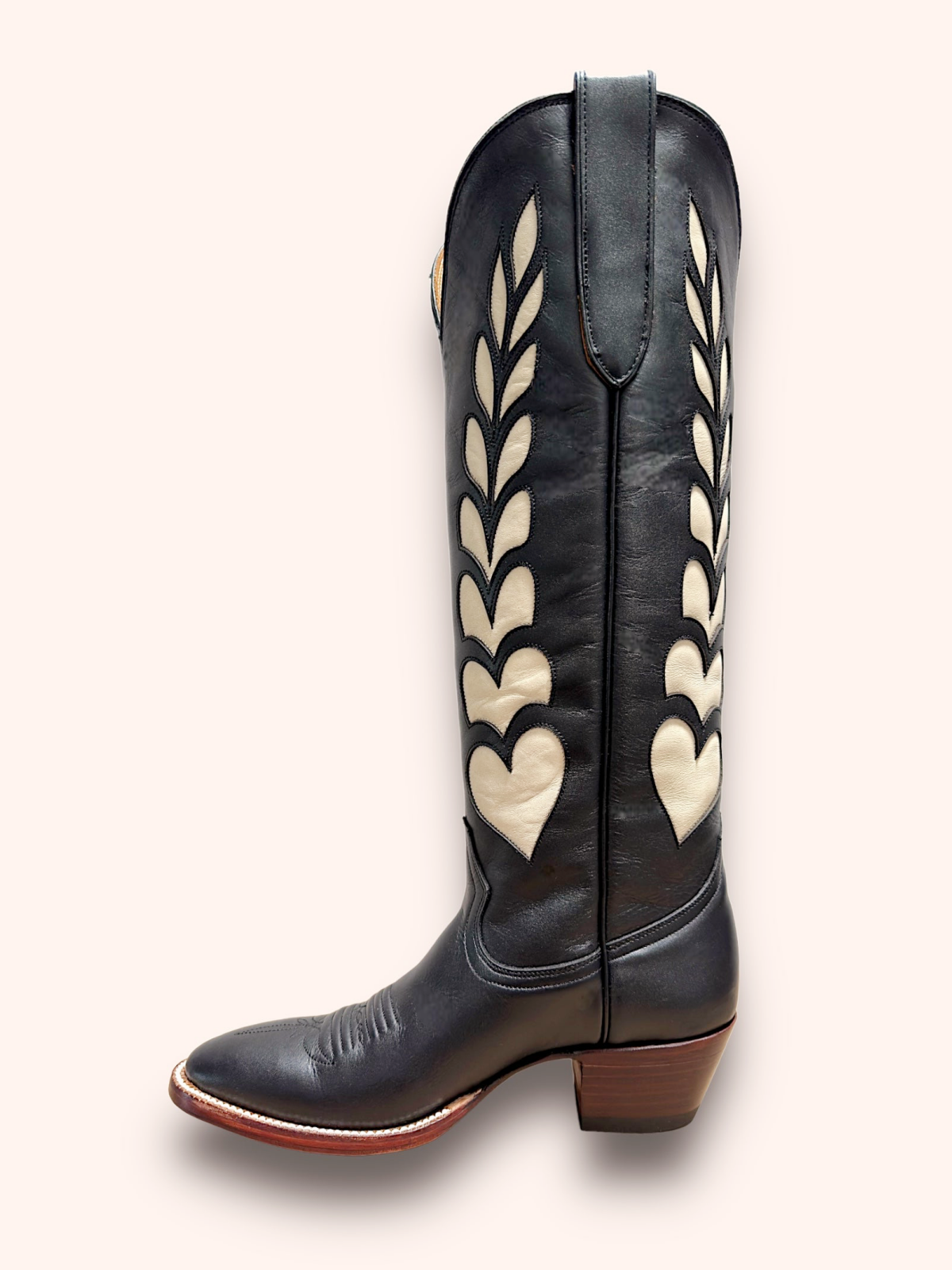 White Heart Inaly Almond-Toe Wide Mid Calf Tall Cowgirl Boots - Black