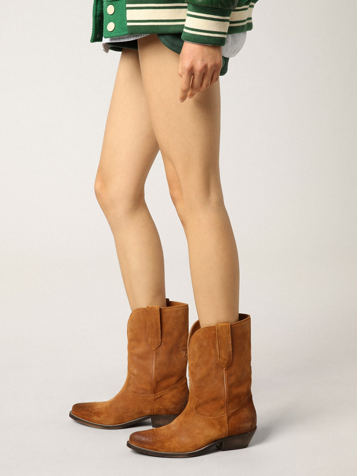 Snip-Toe Star Inaly Embroidery Wide Mid Calf Cowgirl Boots - Brown Faux Suede