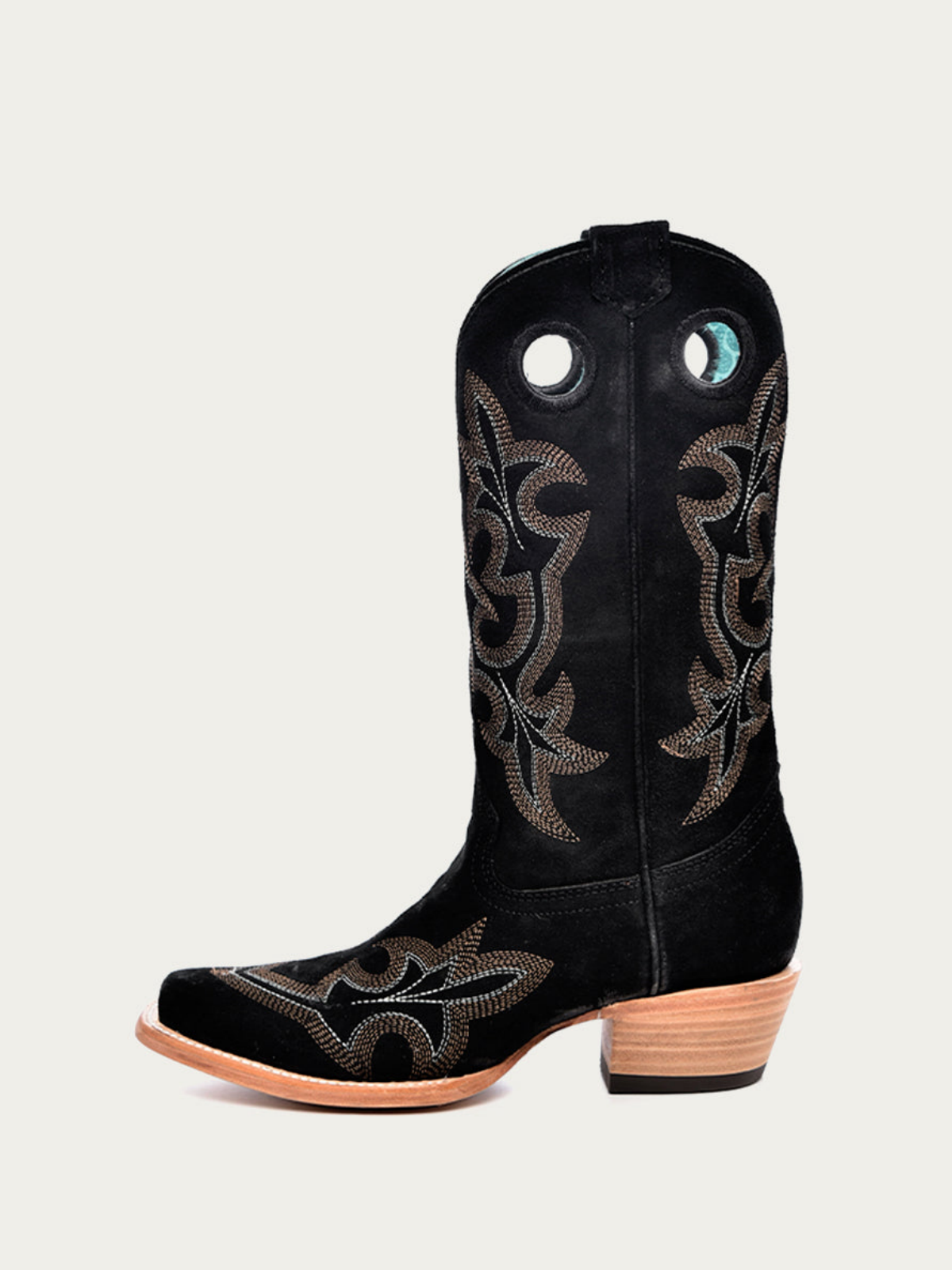 Faux Suede Cut-Out Square-Toe Embroidery Wide Mid Calf Cowgirl Boots - Black