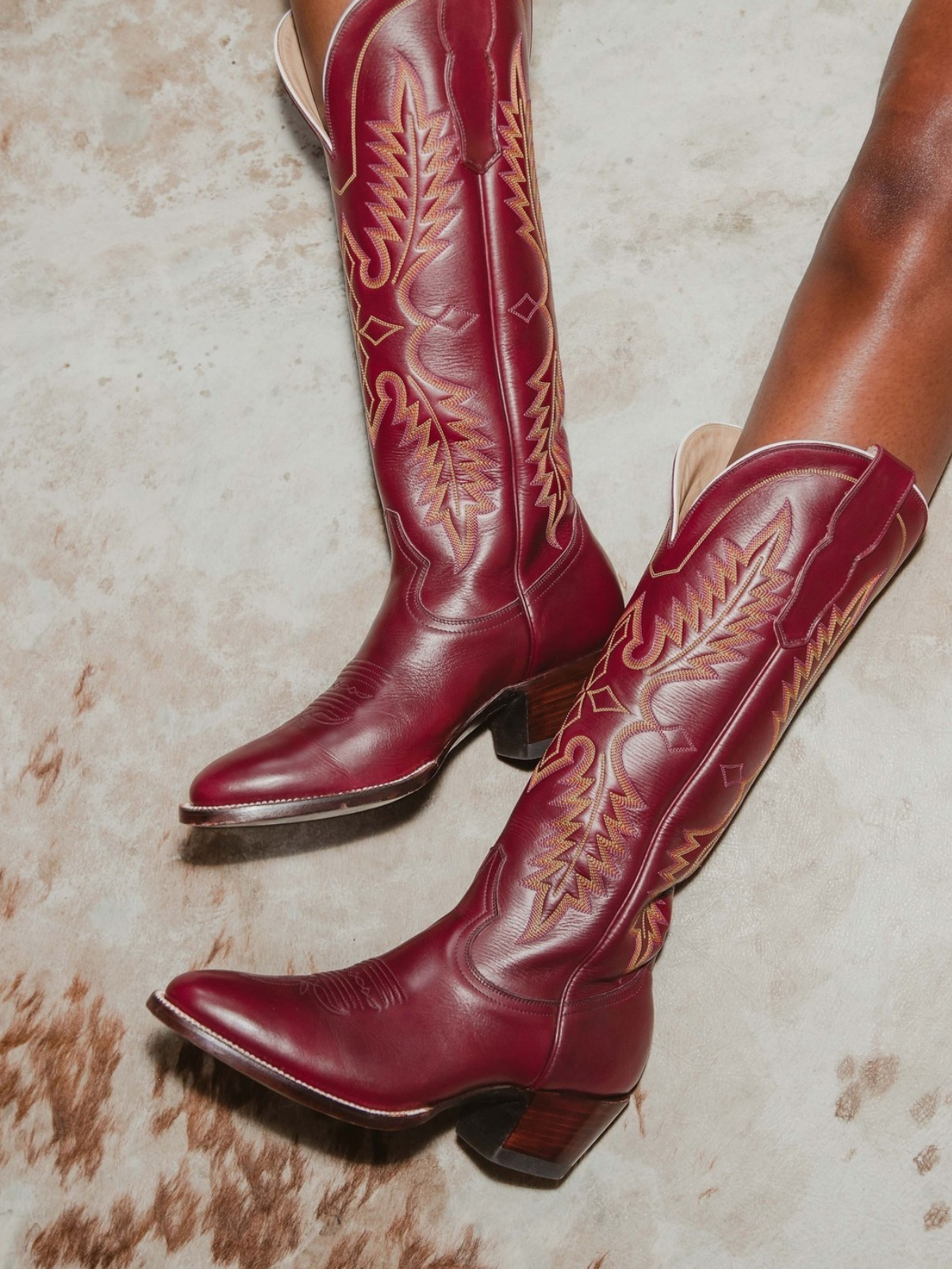 Red Embroidered Almond-Toe Mid Calf Western Boots Wide Calf Cowgirl Tall Boots