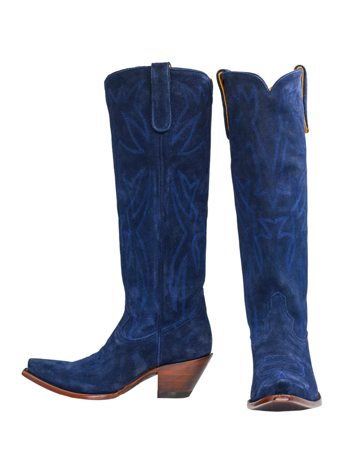 Navy Blue Embroidery Faux Suede Snip-Toe Wide Calf Cowgirl Boots Knee High Tall Boots