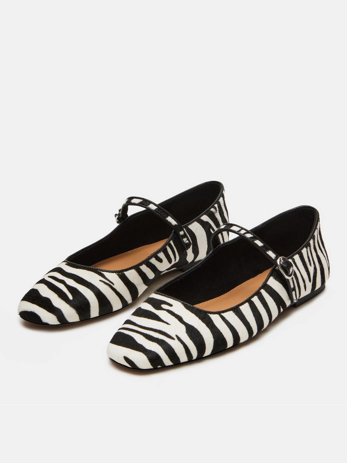 Zebra-Print Pony Hair Square-Toe Bridge Strap Mary Janes Ballet Flats