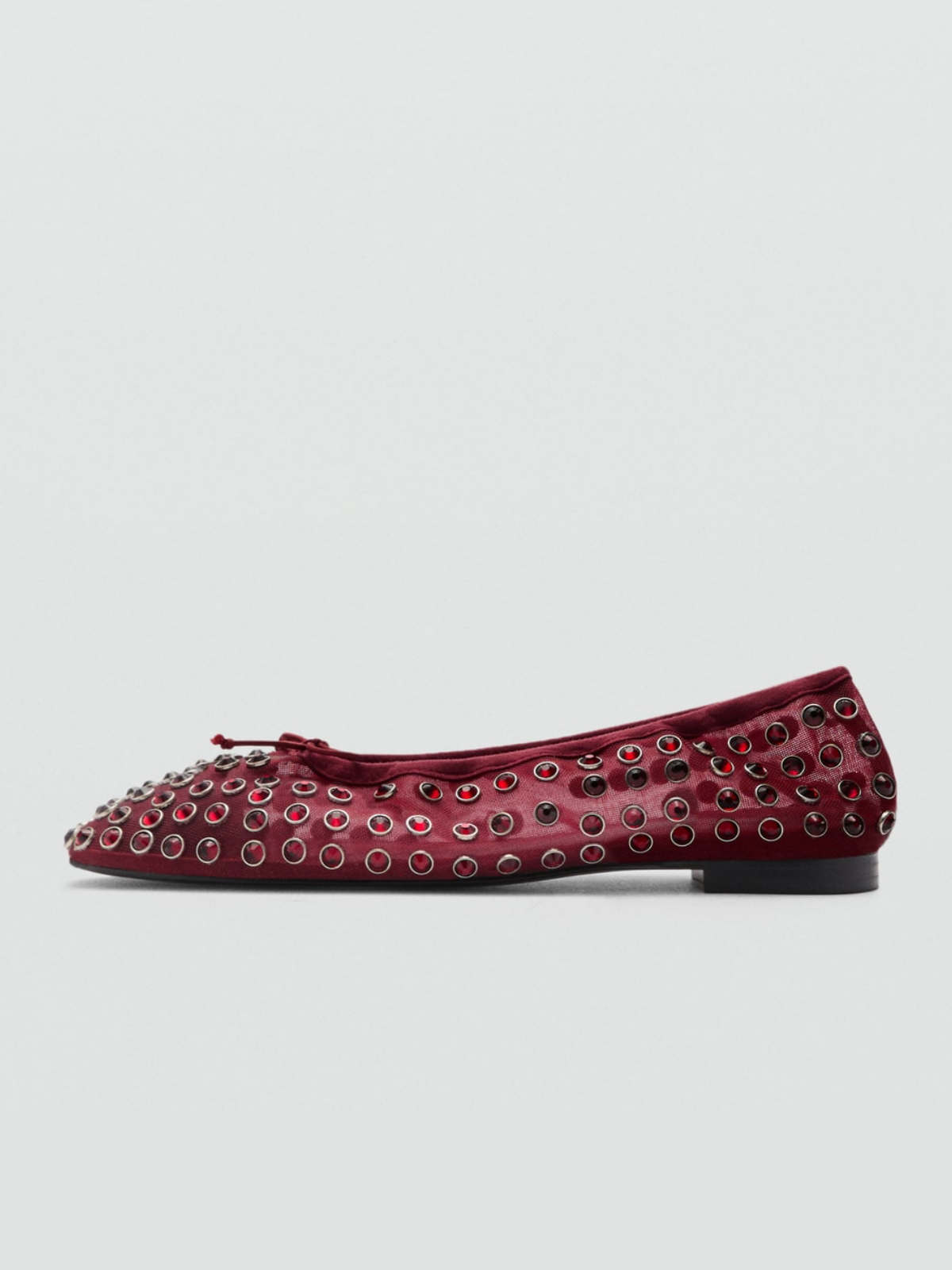 Burgundy Faux Suede Round-Toe Mesh Studded Ballet Flats