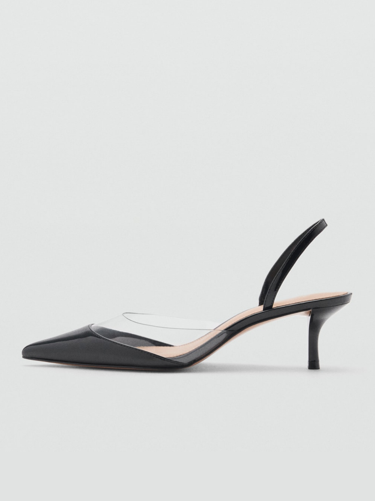 Contrast Patent Black And Transparent Vinyl Panel Pointed-Toe Slingback Kitten Heels