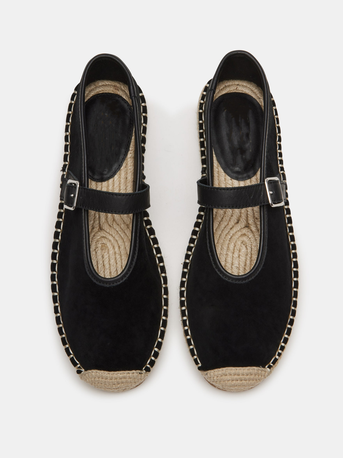 Black Faux Suede Round-Toe Bridge Strap Side Buckle Mary Janes Espadrille Flats