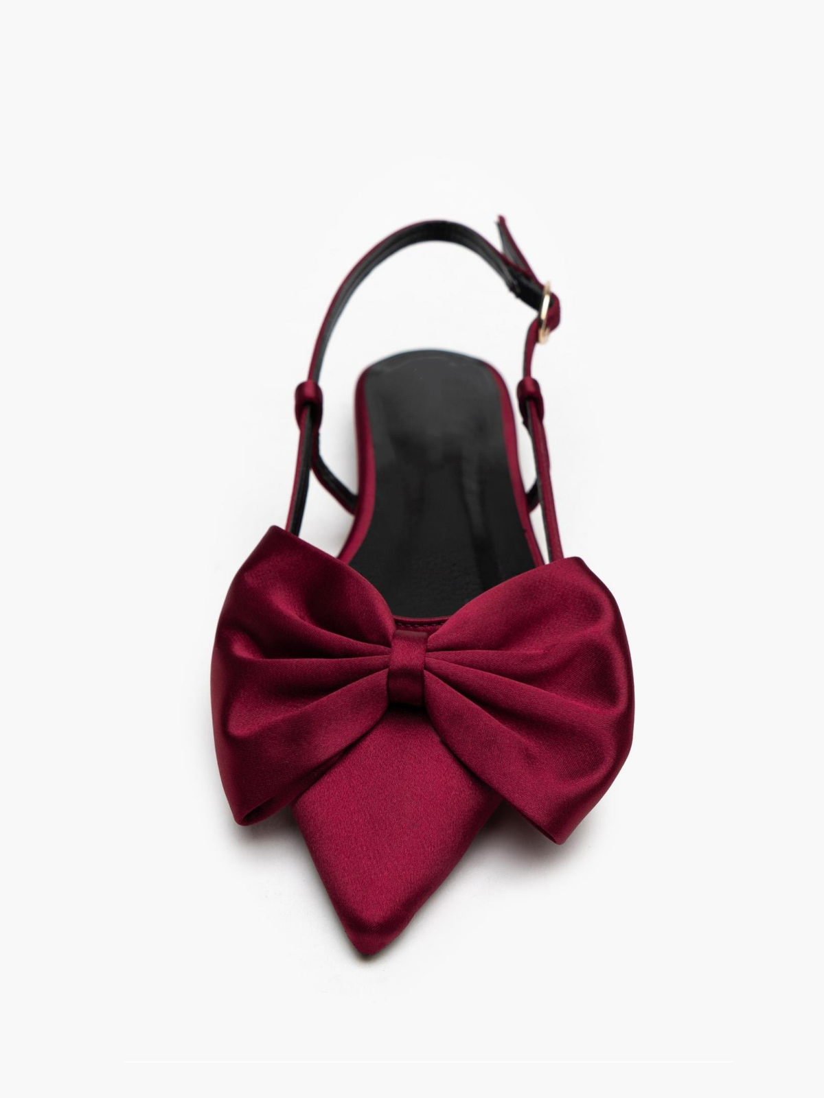 Burgundy Satin Bow Pointy Ballet Flats Slingbacks With Buckled Strap