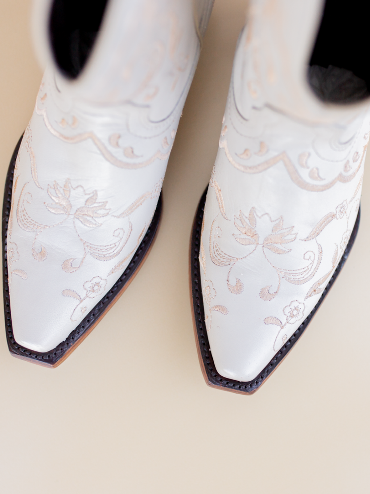 Bone Snip-Toe Floral Embroidery Wide Mid Calf Western Boots For Women