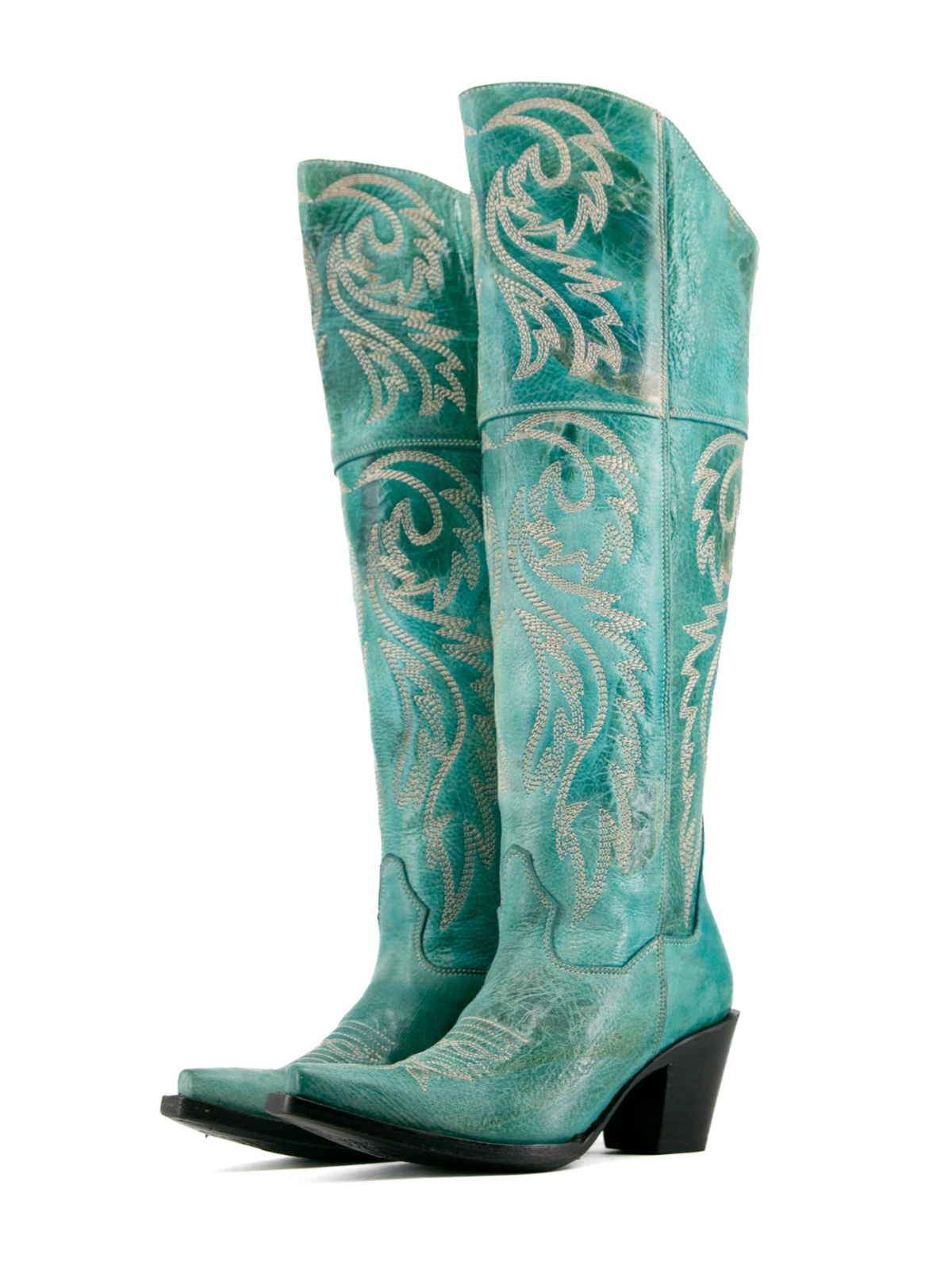 Distressed Snip-Toe Embroidery Tall Half-Zip Knee High Cowgirl Boots - Turquoise