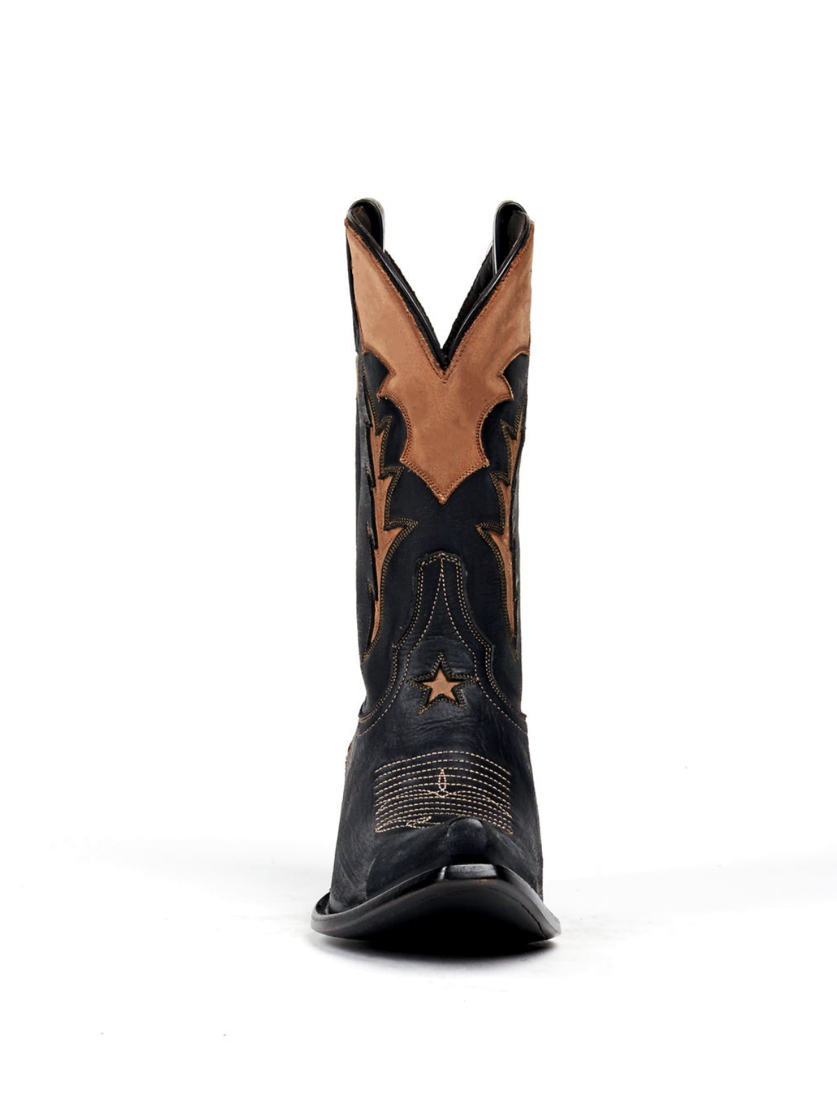 Black Snip-Toe Tan Inlay Applique Wide Mid Calf Cowgirl Boots