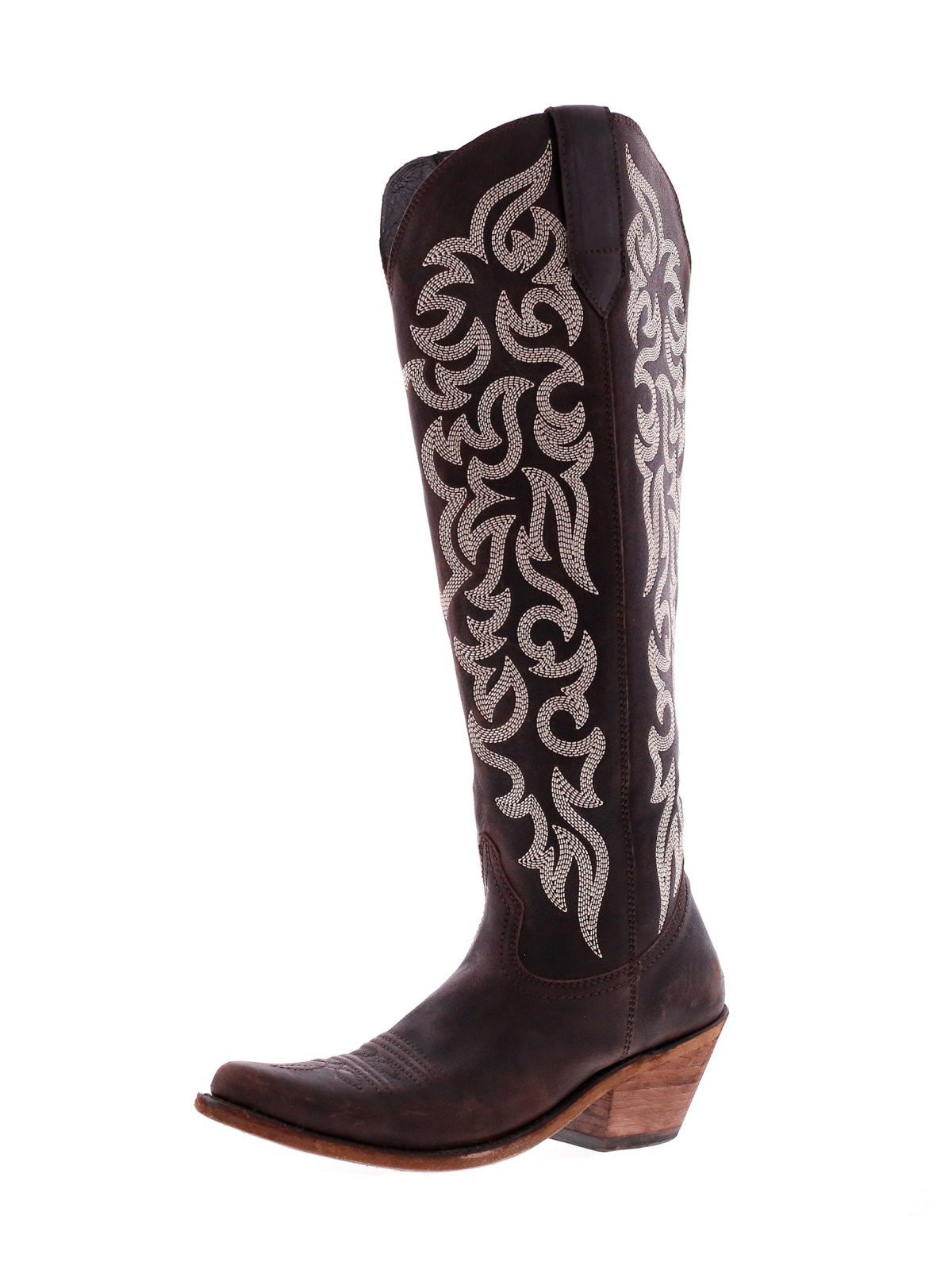 Embroidery Almond-Toe Full-Zip Knee High Tall Cowgirl Boots - Dark Brown