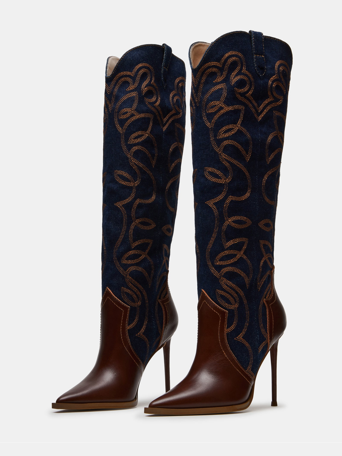 Contrast Brown Vegan Leather And Blue Denim Embroidery Wide Mid Calf Stiletto Boots