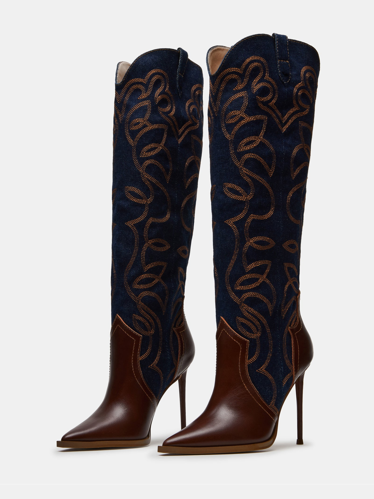 Contrast Riding Boot Contrast Brown And Blue Embroidery Knee High Wide Calf Stiletto Boots ...