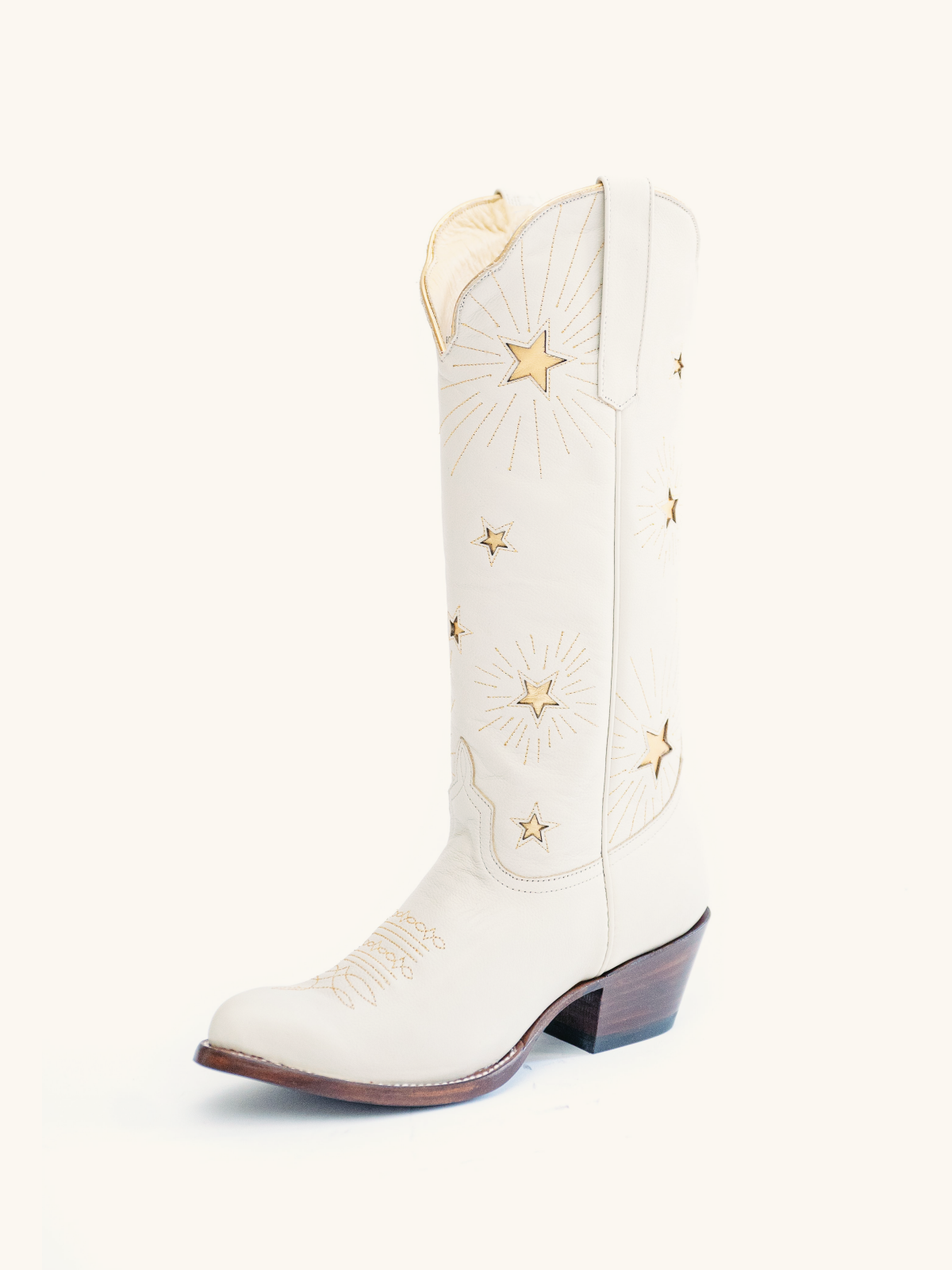 White Stitch Almond-Toe Wide Calf Western Cowgirl Boots With Metallic Gold Star Inlay