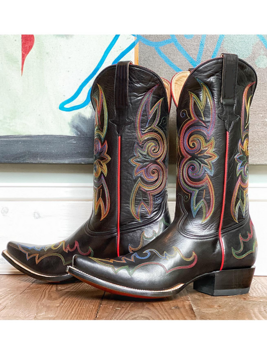 Black Vegan Leather Colorful Embroidery Snip-Toe Wide Mid Calf Tall Western Boots