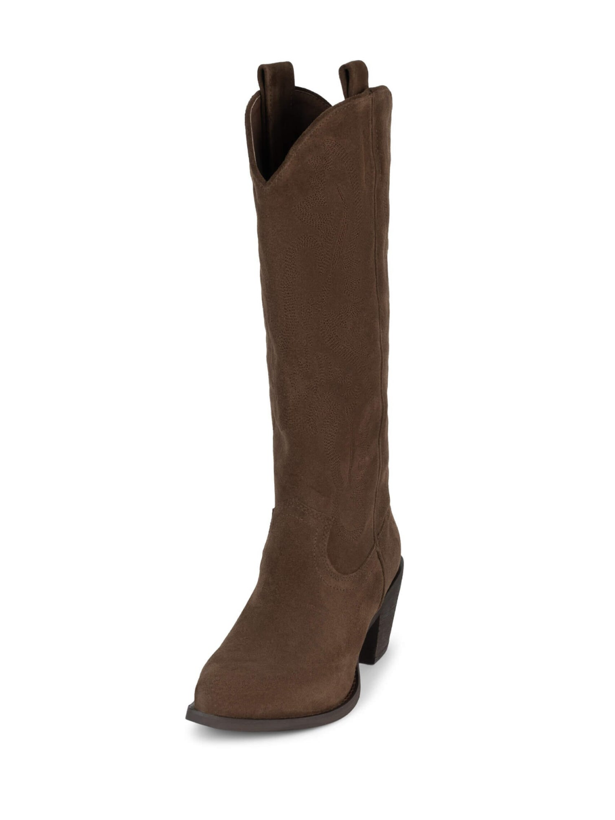 Faux Suede Snip-Toe Classic Embroidery Wide Mid Calf Cowgirl Boots - Brown