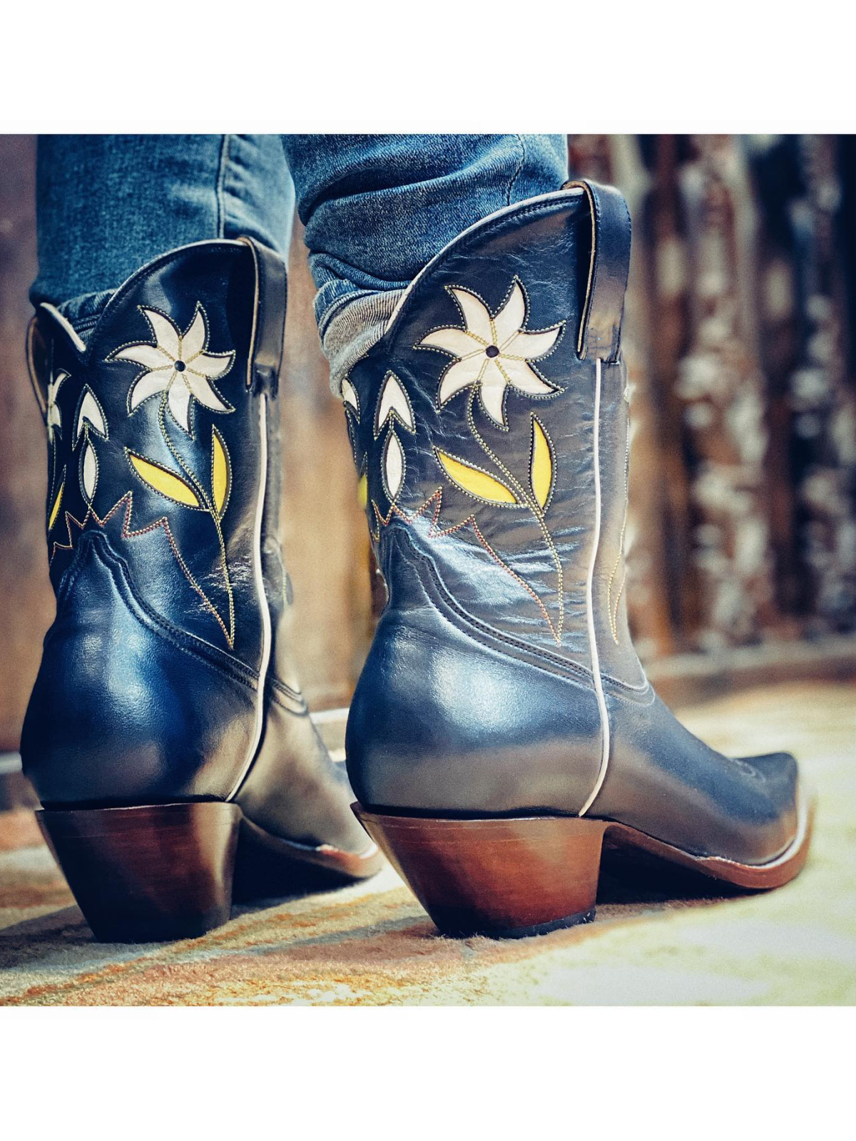 Dark Blue Flower Inaly Pointed-Toe Wide Mid Calf Cowgirl Boots